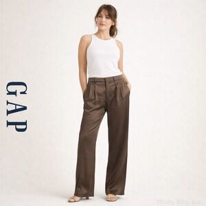 Gap Pants Wide Leg Dressy Trouser Pants Pleated Satin Finish Cashmere‎ Brown 4